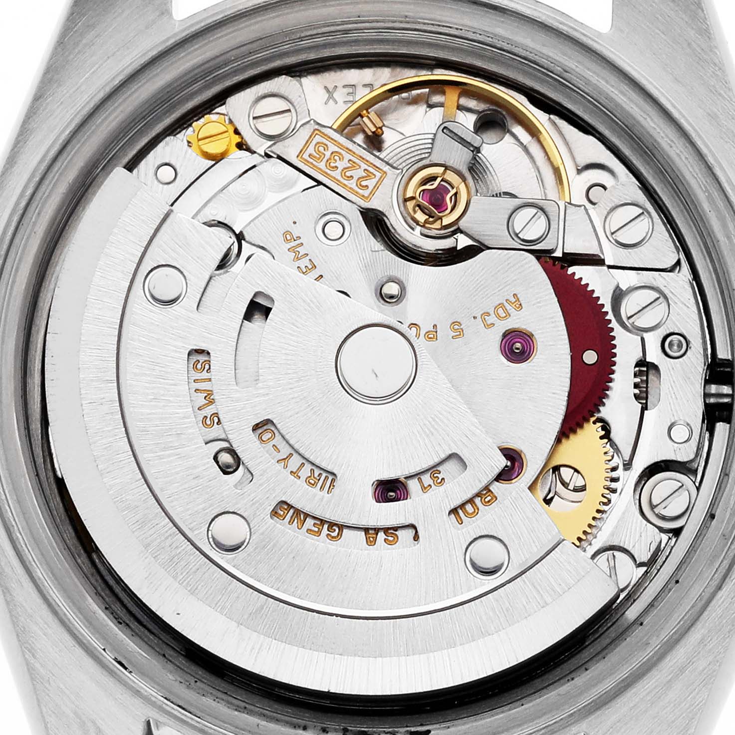 This image shows a close-up view of the movement mechanism inside a Rolex Date 79190 Women's Stainless Steel White Dial 79190 Women's Stainless Steel White Dial model watch.
