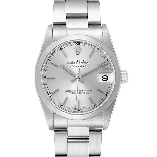 This image shows the face and band of a Rolex Mid-Size 78240 Women's Stainless Steel Silver Dial 78240 Women's Stainless Steel Silver Dial Datejust watch from a top-down angle.