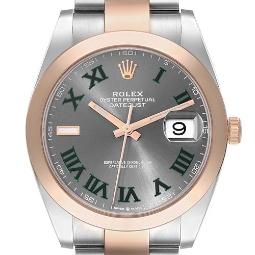 The image shows a front view of the Rolex Datejust 41 Model 126301, highlighting the dial, hands, and two-tone metal bracelet.