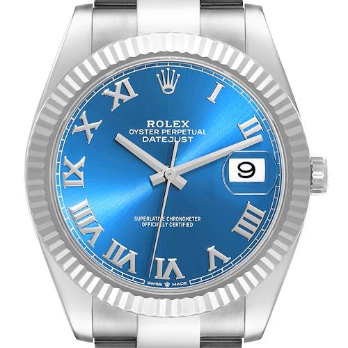 The image shows a front view of the Rolex Datejust 41 126334 Men's Stainless Steel Blue Dial 126334 Men's Stainless Steel Blue Dial watch with a blue dial, Roman numerals, and a fluted bezel.