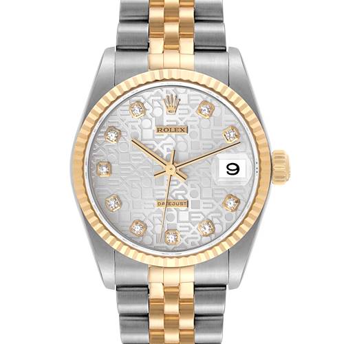 Front view of the Rolex Mid-Size 78273 Women's Steel and Gold (two tone) Silver Dial 78273 Women's Steel and Gold (two tone) Silver Dial model, showing the dial, date window, bezel, and two-tone bracelet.