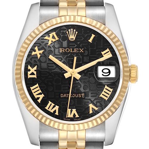 The Rolex Datejust model 116233 is shown from the front, highlighting the black dial, gold Roman numerals, date window, and two-tone bracelet.