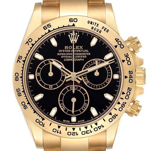 The image shows a frontal view of the Rolex Daytona 116508 Men's Yellow Gold Black Dial 116508 Men's Yellow Gold Black Dial watch, highlighting its bezel, dial, subdials, and crown.
