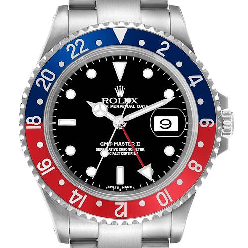 The Rolex GMT-Master 16710 men's watch is shown from a front angle, displaying the bezel, dial, hands, and part of the bracelet in detail.