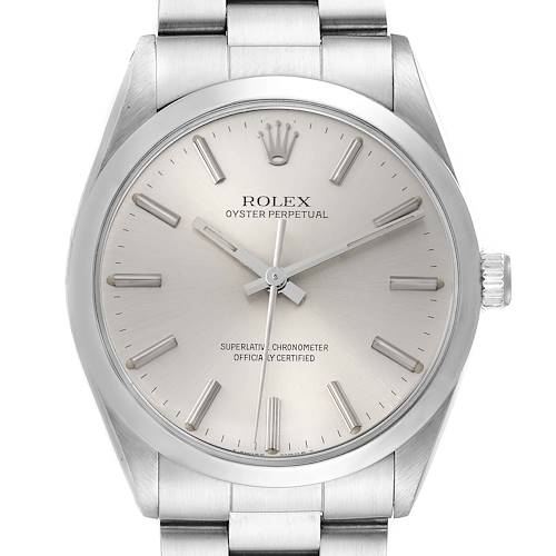 This image shows a front view of the Rolex Vintage Collection 1002 Men's Stainless Steel Silver Dial 1002 Men's Stainless Steel Silver Dial model watch, highlighting its dial, hands, bezel, and part of the bracelet.