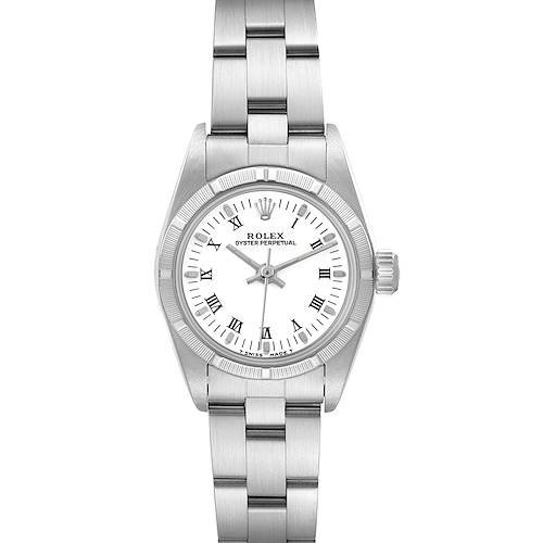 The image shows a Rolex Oyster Perpetual 67230 Women's Stainless Steel White Dial 67230 Women's Stainless Steel White Dial model watch from a top-down angle, showcasing the dial, bezel, and stainless steel bracelet.