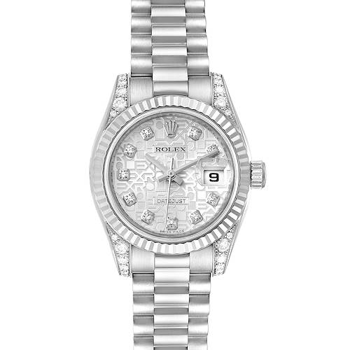This is a Rolex President 179239 Women's White Gold Silver Dial 179239 Women's White Gold Silver Dial model watch shown from a top-down angle, displaying its bezel, bracelet, dial, and crown.