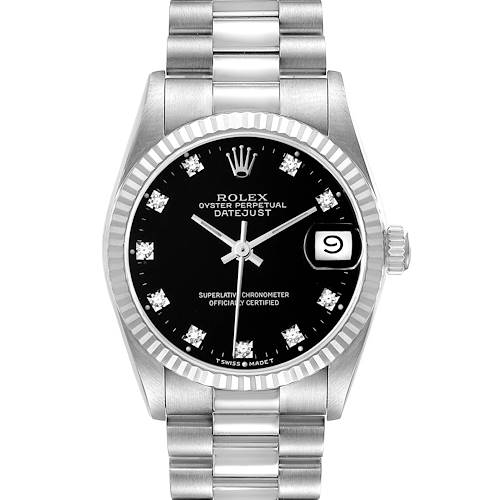 The image shows a front view of a Rolex President 68279 Women's White Gold Black Dial 68279 Women's White Gold Black Dial model watch, displaying the dial, bezel, markers, hands, and part of the bracelet.