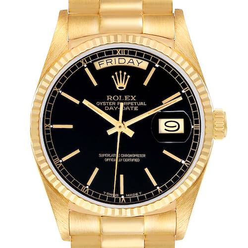 The image shows a front view of the Rolex President 18038 Men's Yellow Gold Black Dial 18038 Men's Yellow Gold Black Dial model watch, displaying its dial, hands, bezel, and part of the bracelet.