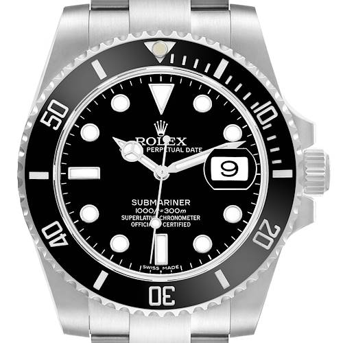The image shows a front view of a Rolex Submariner model 116610 men's watch, highlighting the dial, bezel, crown, and part of the bracelet.