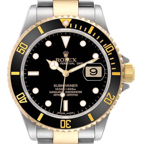 The Rolex Submariner model 16613 is shown from the front, highlighting its black dial, gold bezel, and date magnifier.