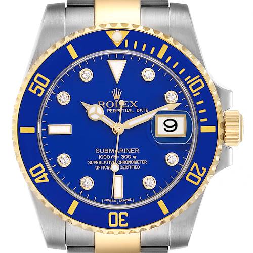 The Rolex Submariner 116613 Men's Steel and Gold (two tone) Blue Dial 116613 Men's Steel and Gold (two tone) Blue Dial watch is shown from a front angle, highlighting the dial, bezel, and date window.