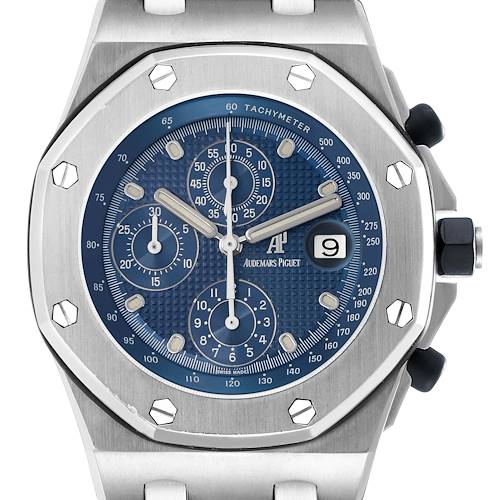 The image shows a front view of the Audemars Piguet Royal Oak Offshore, model number 25721ST, highlighting its dial, bezel, and chronograph features.