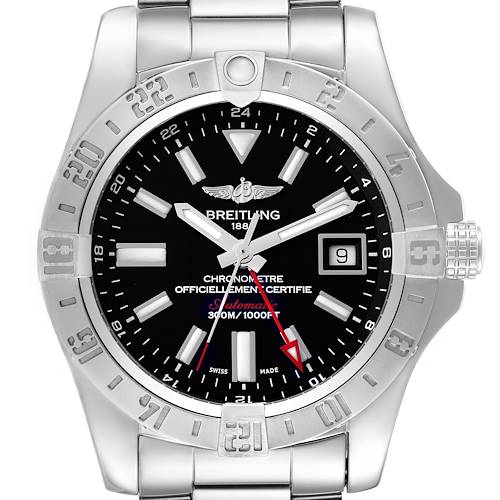 The Breitling Avenger A32390 men's watch is shown from a front angle, highlighting its black dial, bezel with numerals, and stainless steel bracelet.