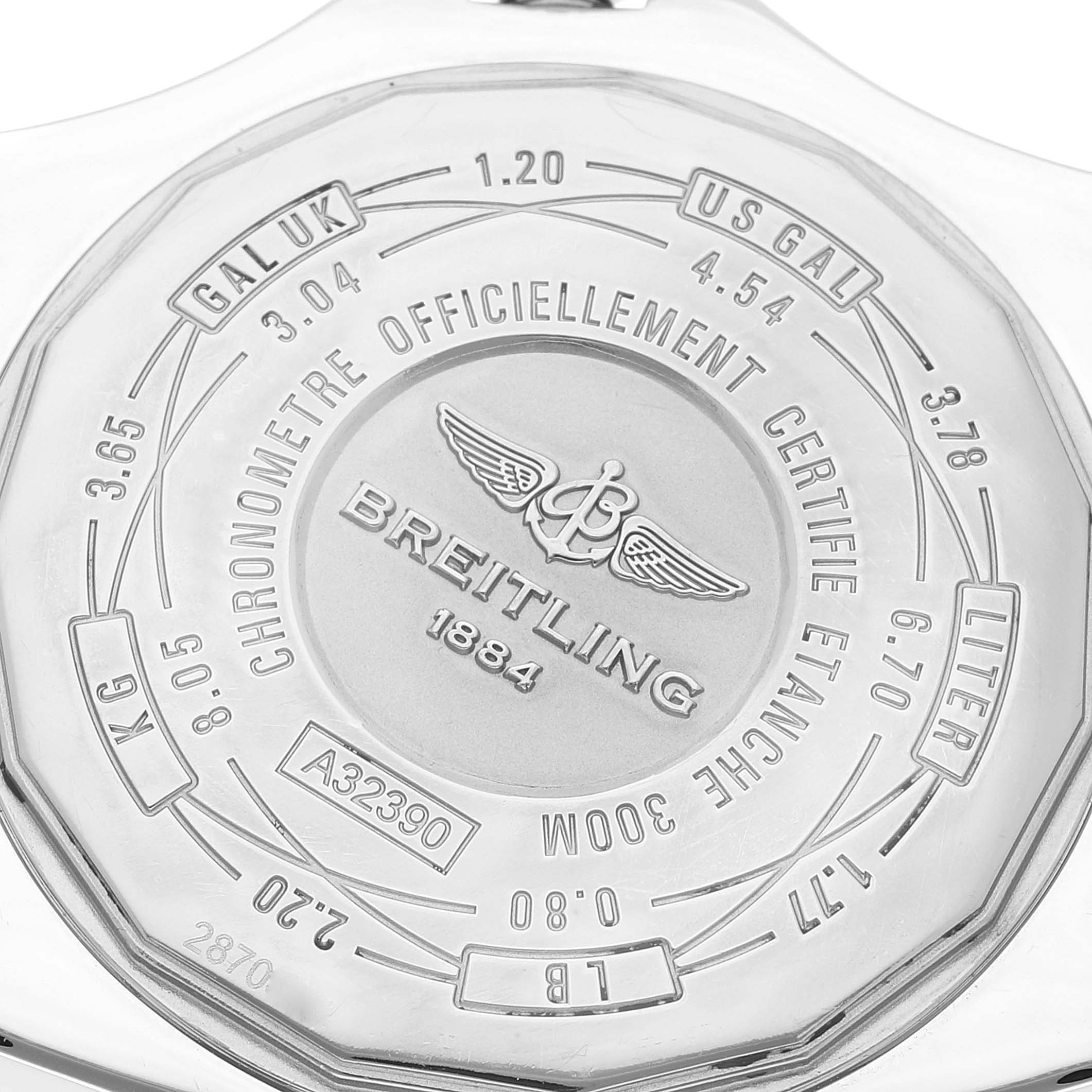 This image shows the case back of a Breitling Avenger A3239011-C872-170A Men's Stainless Steel Mother of Pearl Dial A3239011-C872-170A Men's Stainless Steel Mother of Pearl Dial watch, featuring various unit conversions and the brand's logo.