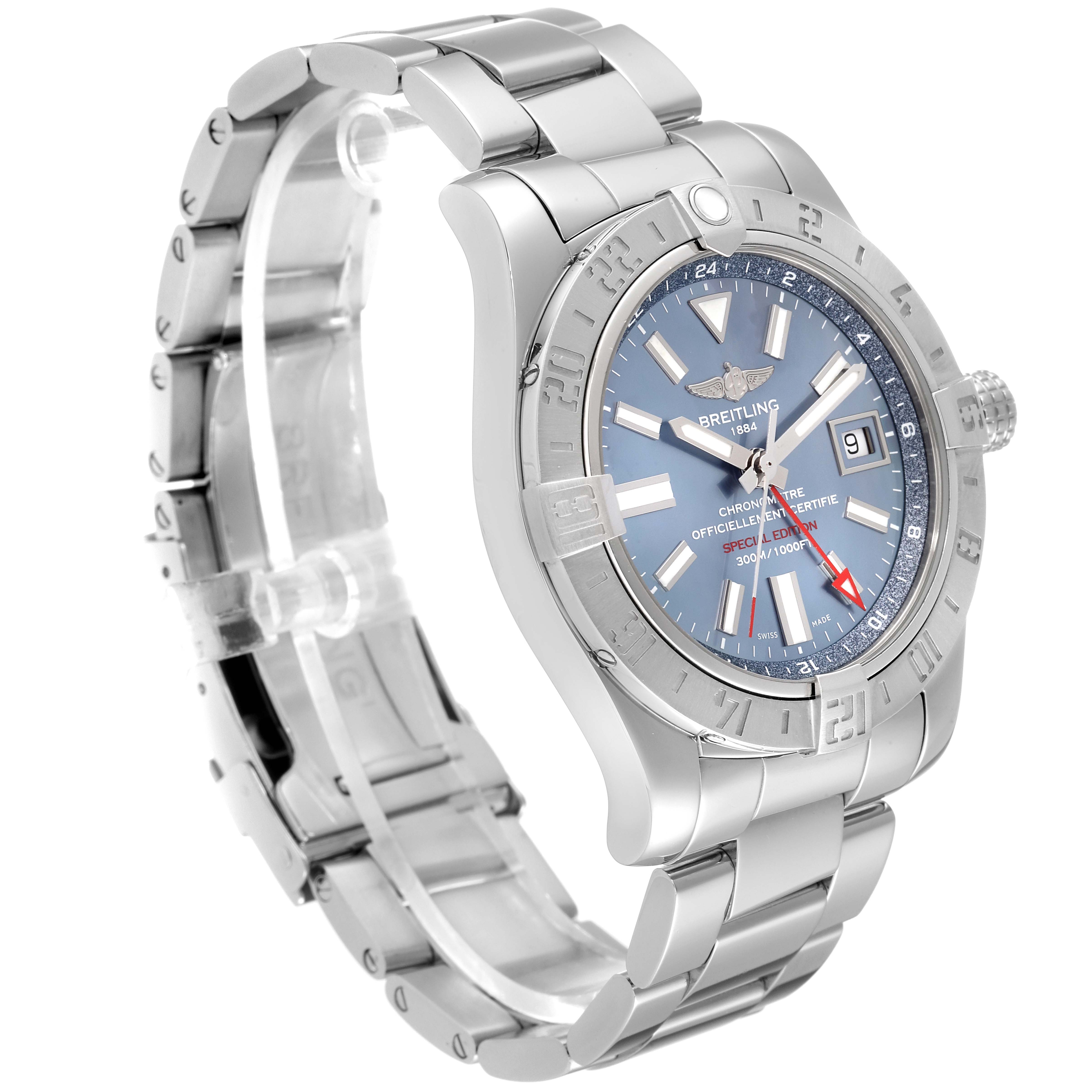 This image shows a side-angle view of a Breitling Avenger A3239011-C872-170A Men's Stainless Steel Mother of Pearl Dial A3239011-C872-170A Men's Stainless Steel Mother of Pearl Dial watch with its face, bezel, crown, and metal bracelet visible.