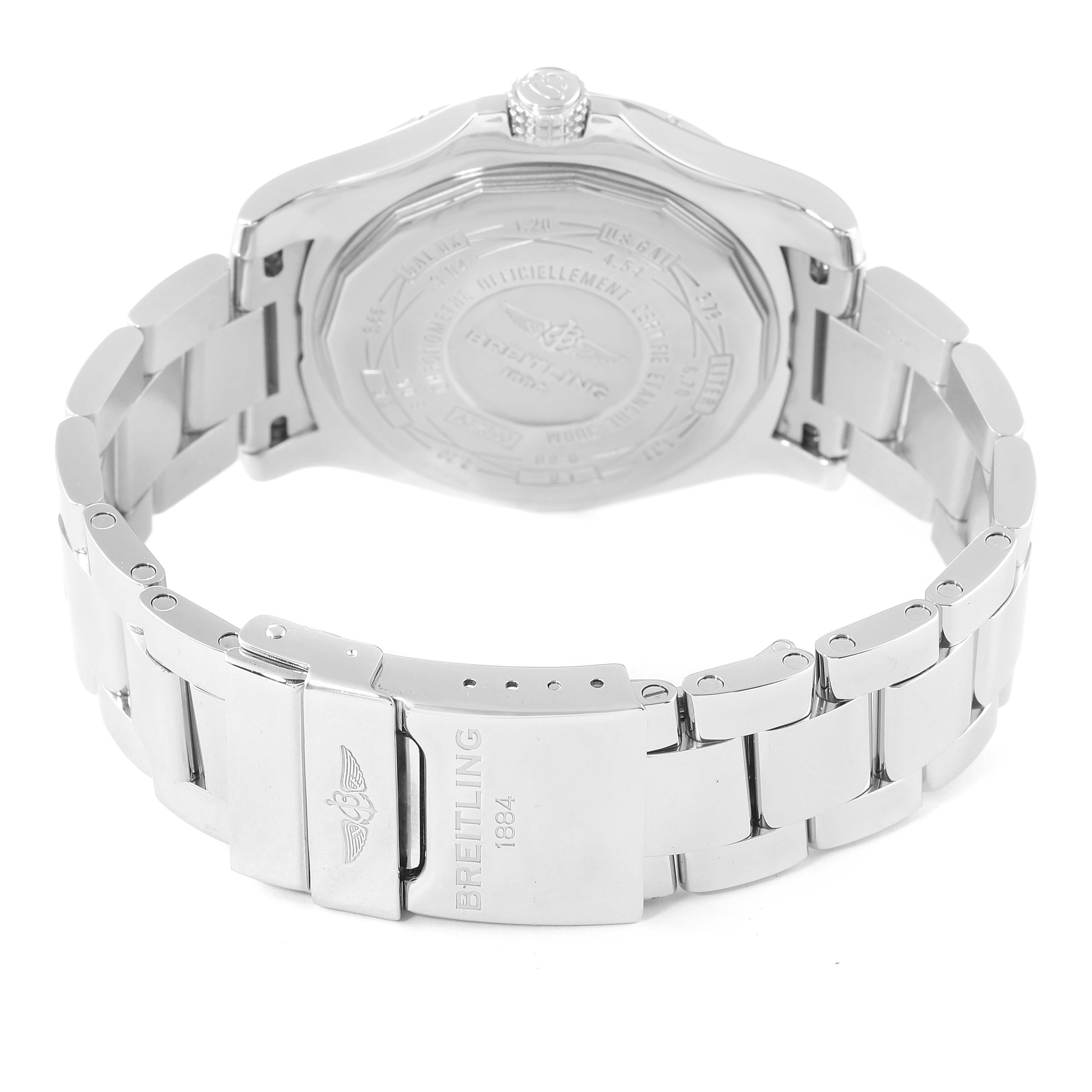 This image shows the back view of a Breitling Avenger A3239011-C872-170A Men's Stainless Steel Mother of Pearl Dial A3239011-C872-170A Men's Stainless Steel Mother of Pearl Dial watch, highlighting the case back, crown, and metal bracelet with the clasp.