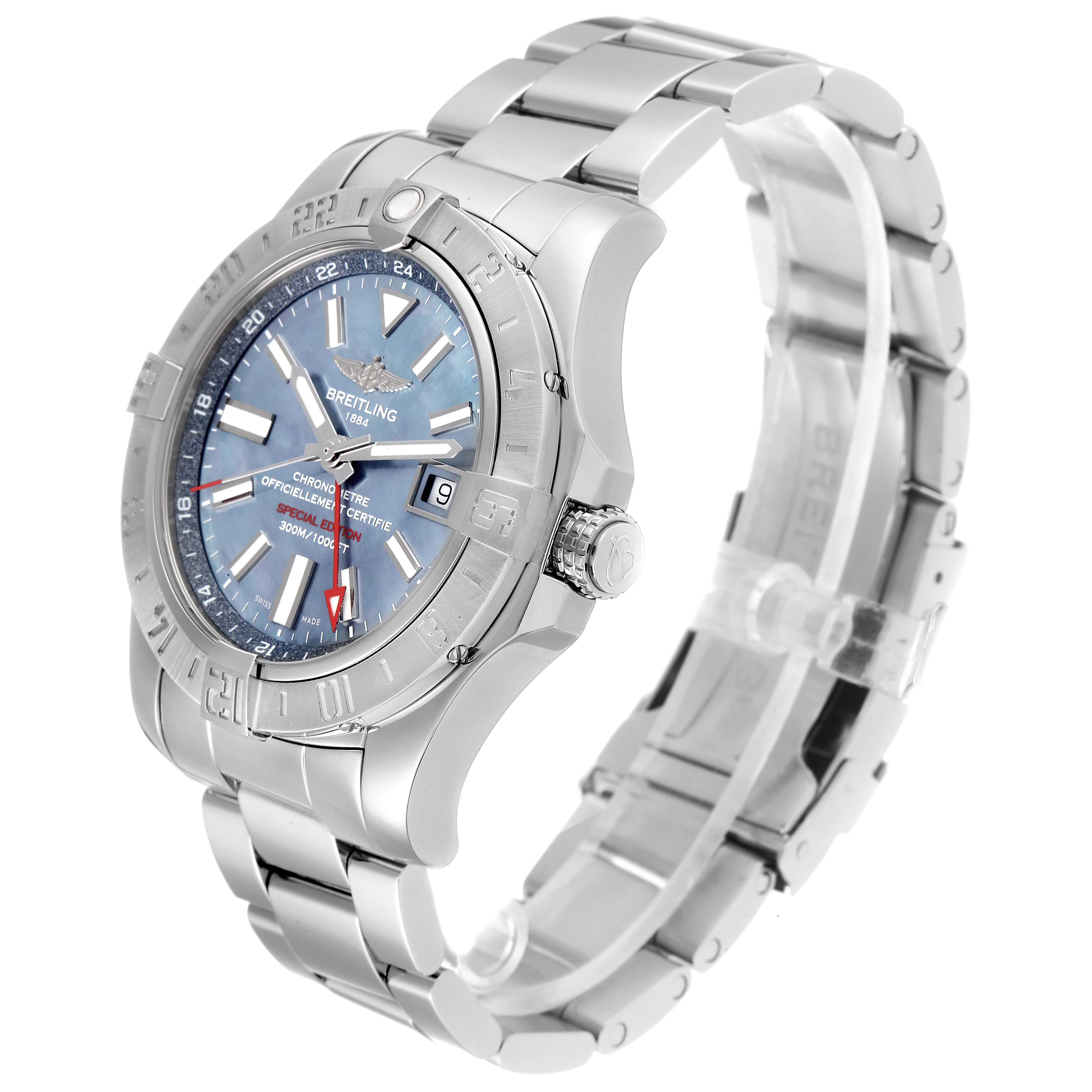 This image shows a side-view angle of the Breitling Avenger A3239011-C872-170A Men's Stainless Steel Mother of Pearl Dial A3239011-C872-170A Men's Stainless Steel Mother of Pearl Dial watch, highlighting the face, bezel, crown, and metal bracelet.