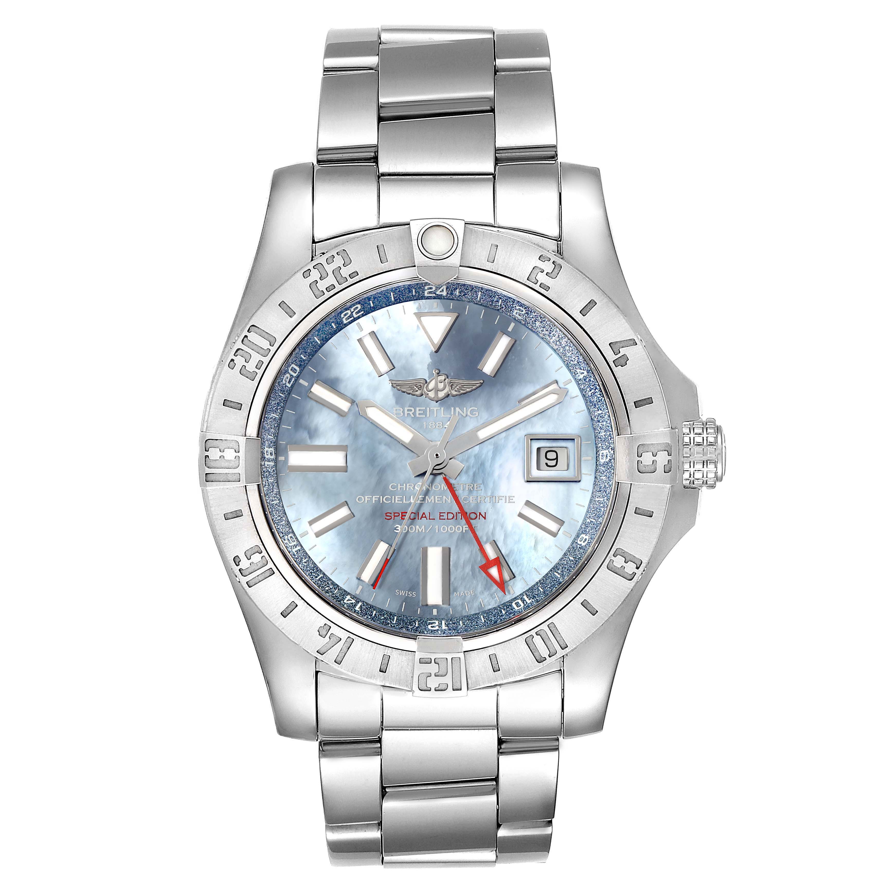 The image shows a front view of the Breitling Avenger A3239011-C872-170A Men's Stainless Steel Mother of Pearl Dial A3239011-C872-170A Men's Stainless Steel Mother of Pearl Dial model watch with a metal bracelet and date display.
