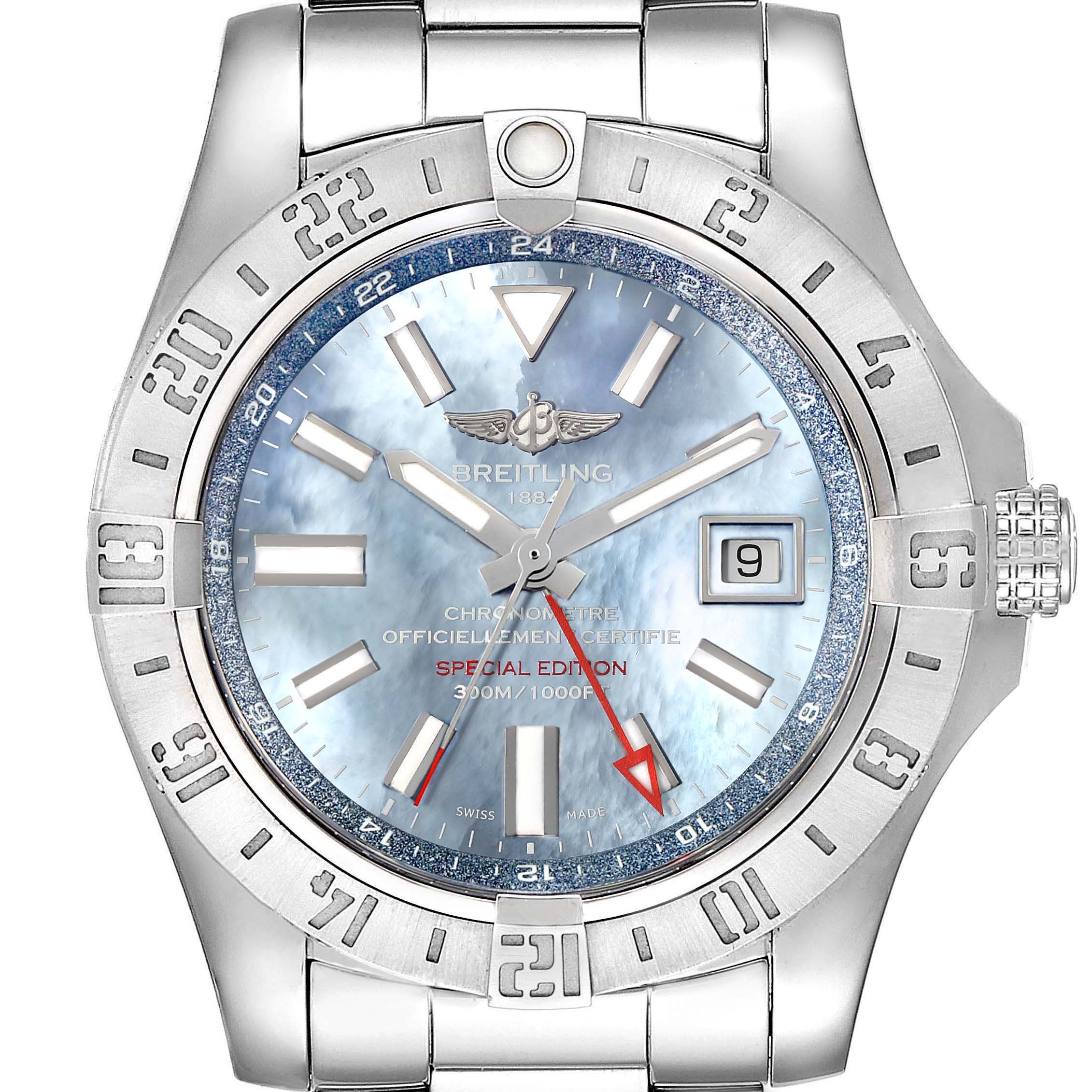 The image shows a frontal view of the Breitling Avenger A3239011-C872-170A Men's Stainless Steel Mother of Pearl Dial A3239011-C872-170A Men's Stainless Steel Mother of Pearl Dial model watch, highlighting the dial, case, bezel, and part of the bracelet.
