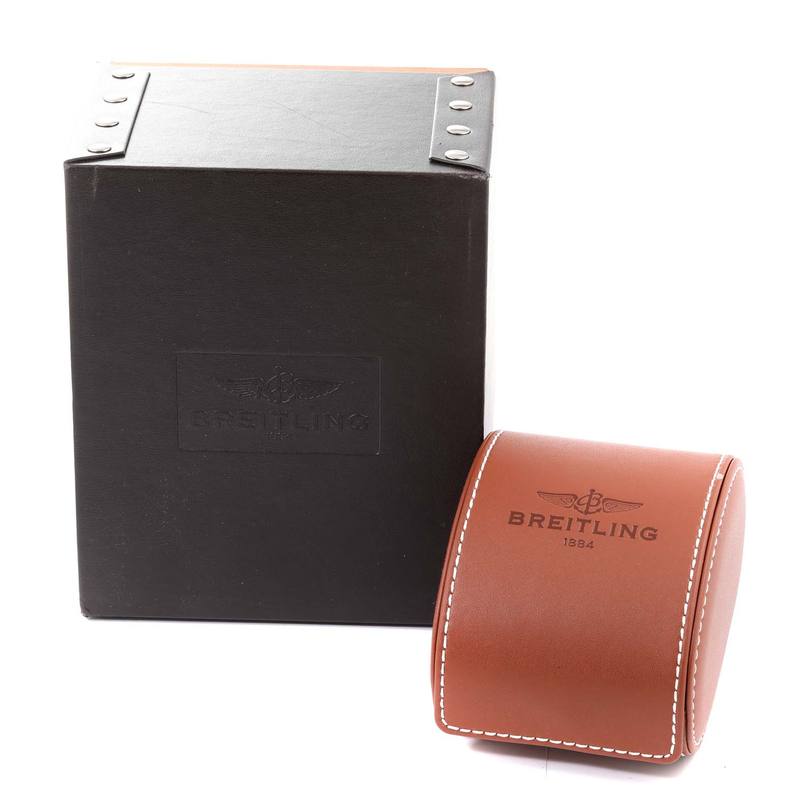 The image shows the packaging and watch case for the Breitling Avenger A3239011-C872-170A Men's Stainless Steel Mother of Pearl Dial A3239011-C872-170A Men's Stainless Steel Mother of Pearl Dial model, featuring a black box and a brown leather case.