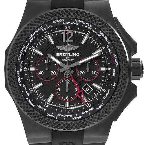 This image shows the face of a Breitling Bentley VB0432 Men's Titanium Black Dial VB0432 Men's Titanium Black Dial model watch, highlighting its chronograph dials and city ring.