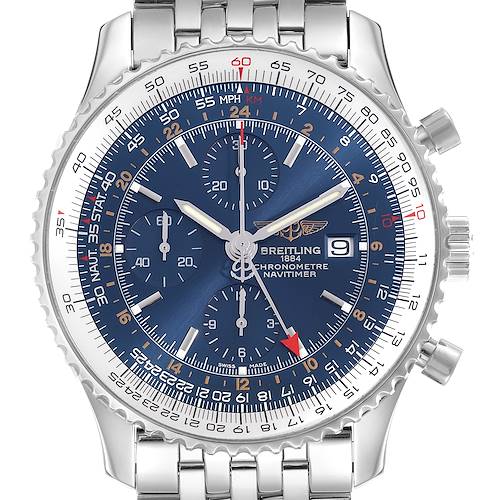 The image shows the Breitling Navitimer model A24322 face-on, highlighting its blue dial, chronograph subdials, date window, and stainless steel bracelet.