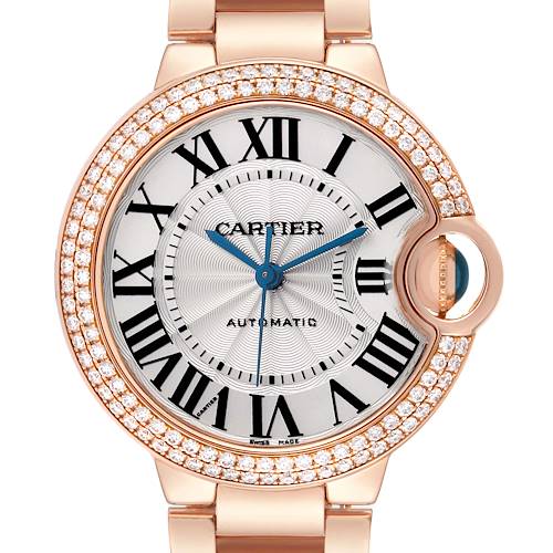 The image shows a face-on view of the Cartier Ballon Bleu Men's watch, model WE902034, highlighting its rose gold case, diamond bezel, and Roman numeral dial.