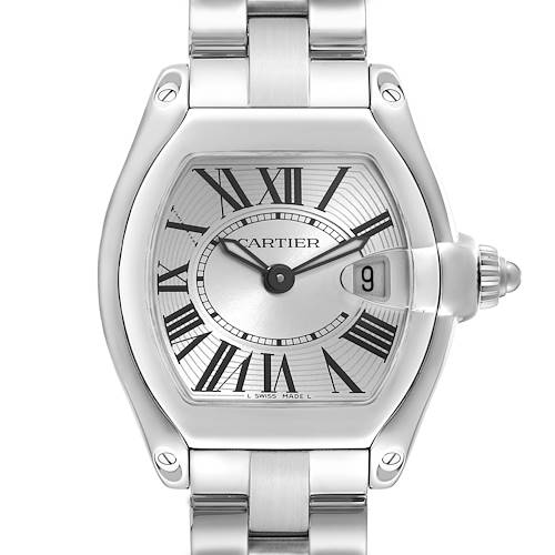 This image shows a front view of the Cartier Roadster W62016V3 Women's Stainless Steel Silver Dial W62016V3 Women's Stainless Steel Silver Dial model watch, highlighting its dial, date window, and part of the bracelet.