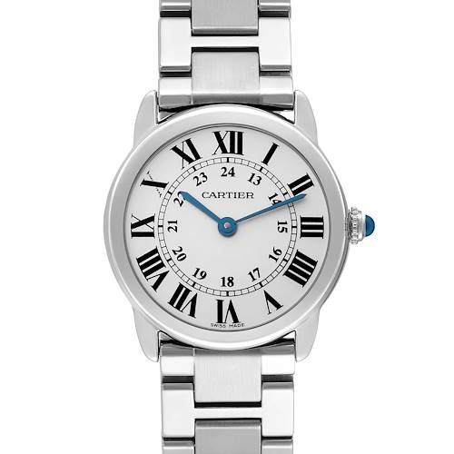 The Cartier Ronde model 72661 men's watch is shown from a front angle, displaying the face with Roman numerals, blue hands, and a metal bracelet.