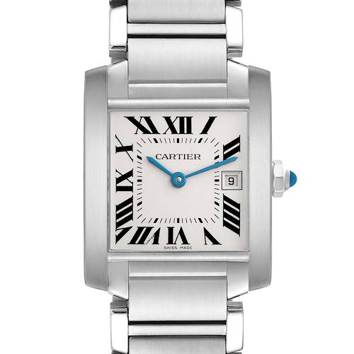 The Cartier Tank Francaise W51011Q3 watch is shown from the front, displaying its face, Roman numeral markers, blue hands, date window, and part of the bracelet.
