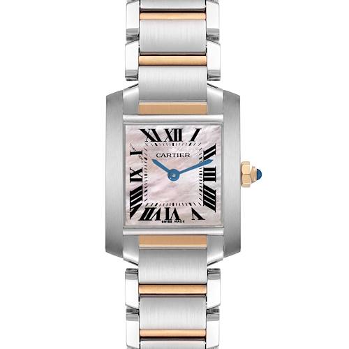 The Cartier Tank Francaise model W51027Q4 is shown from the front, featuring its square face, Roman numerals, blue hands, and a steel and gold-toned bracelet.