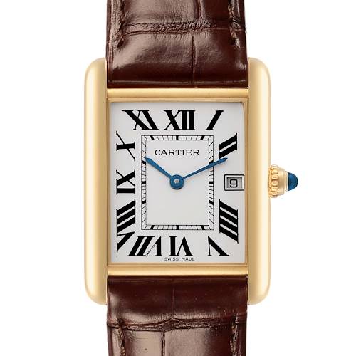 The Cartier Tank Louis model W1529756 watch is shown from the front, highlighting its rectangular dial, Roman numerals, gold case, and brown leather strap.