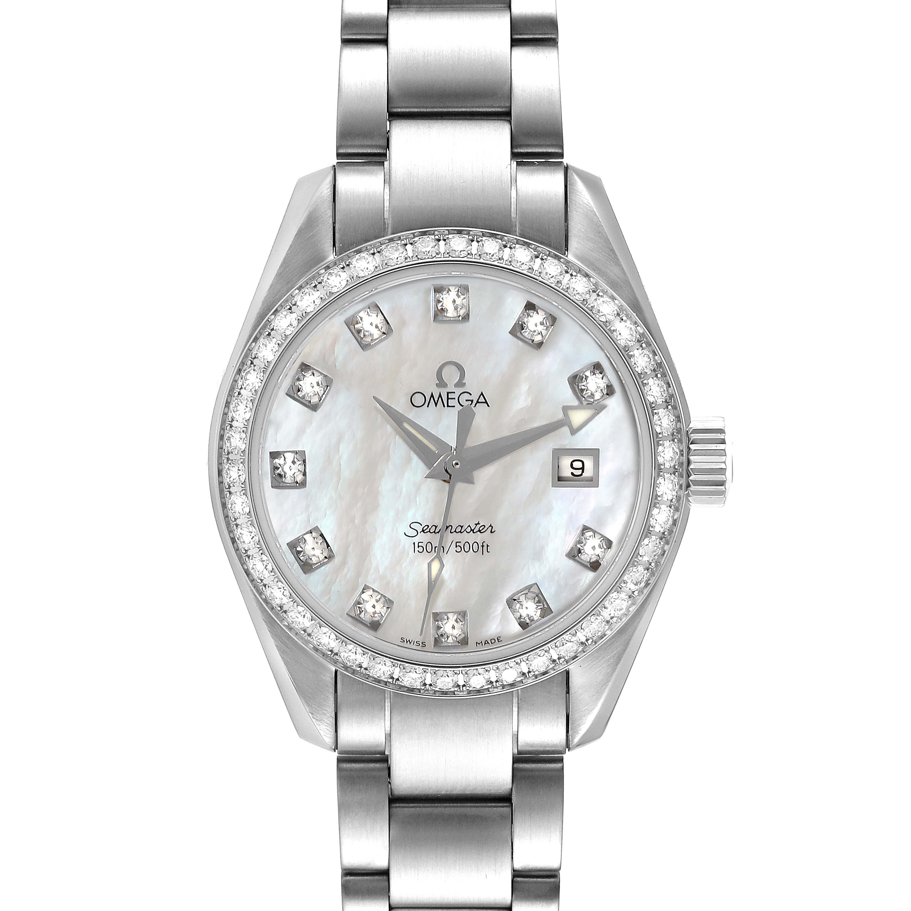 The Omega 2579.75.00 Women's Stainless Steel Mother of Pearl Dial 2579.75.00 Women's Stainless Steel Mother of Pearl Dial Seamaster Aqua Terra 2579.75.00 is shown from a front angle, highlighting its diamond bezel, mother of pearl dial, and steel bracelet.