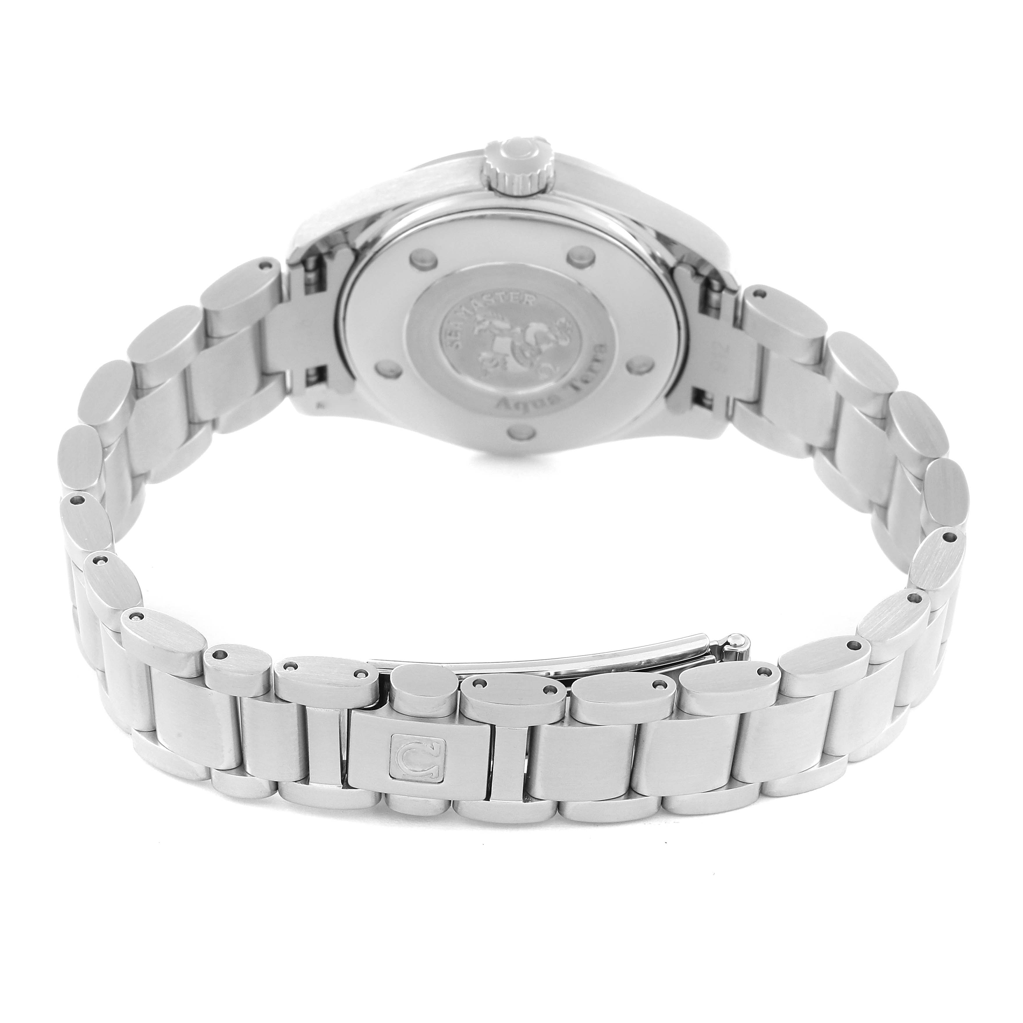 The image shows the back and bracelet of the Omega 2579.75.00 Women's Stainless Steel Mother of Pearl Dial 2579.75.00 Women's Stainless Steel Mother of Pearl Dial Seamaster Aqua Terra Mother of Pearl Diamond Steel Ladies Watch 2579.75.00.
