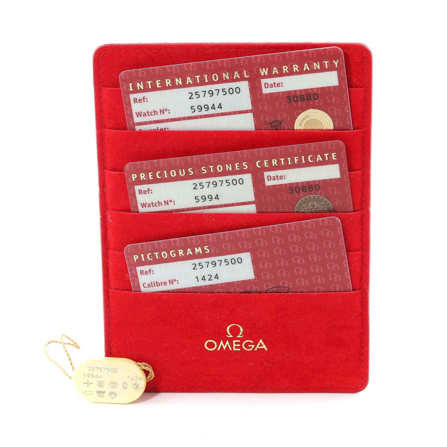 The image shows Omega 2579.75.00 Women's Stainless Steel Mother of Pearl Dial 2579.75.00 Women's Stainless Steel Mother of Pearl Dial warranty cards and a tag for the Seamaster Aqua Terra Mother of Pearl Diamond Steel Ladies Watch 2579.75.00.