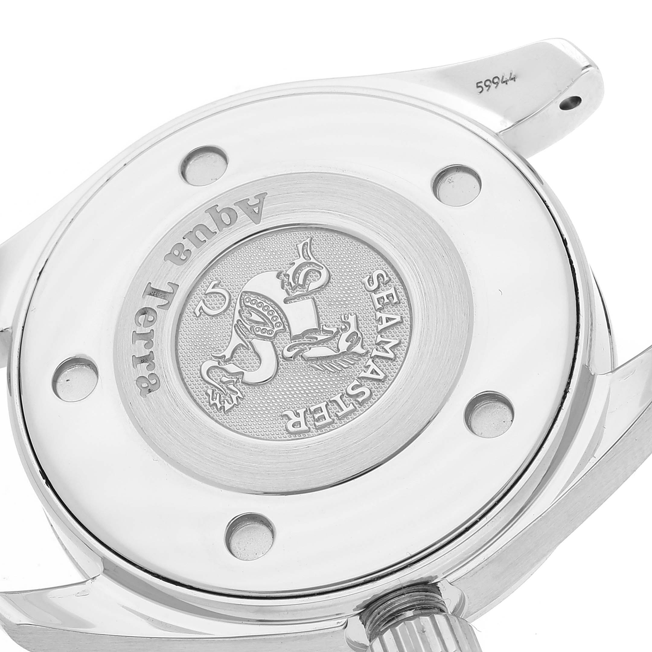 The image shows the case back of the Omega 2579.75.00 Women's Stainless Steel Mother of Pearl Dial 2579.75.00 Women's Stainless Steel Mother of Pearl Dial Seamaster Aqua Terra Mother of Pearl Diamond Steel Ladies Watch 2579.75.00.