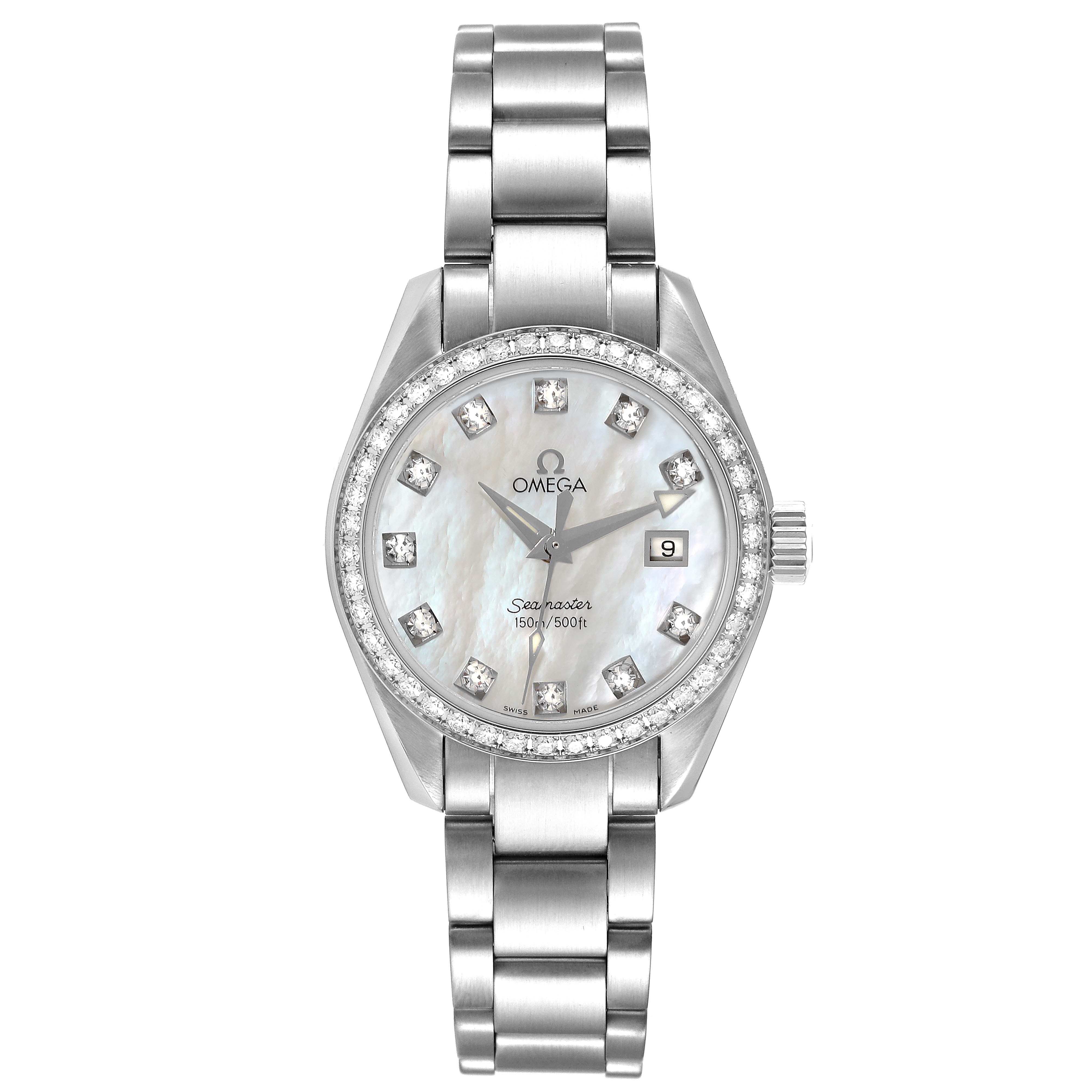 The Omega 2579.75.00 Women's Stainless Steel Mother of Pearl Dial 2579.75.00 Women's Stainless Steel Mother of Pearl Dial Seamaster Aqua Terra 2579.75.00 watch is shown from a front angle, displaying the dial, bezel, and bracelet.