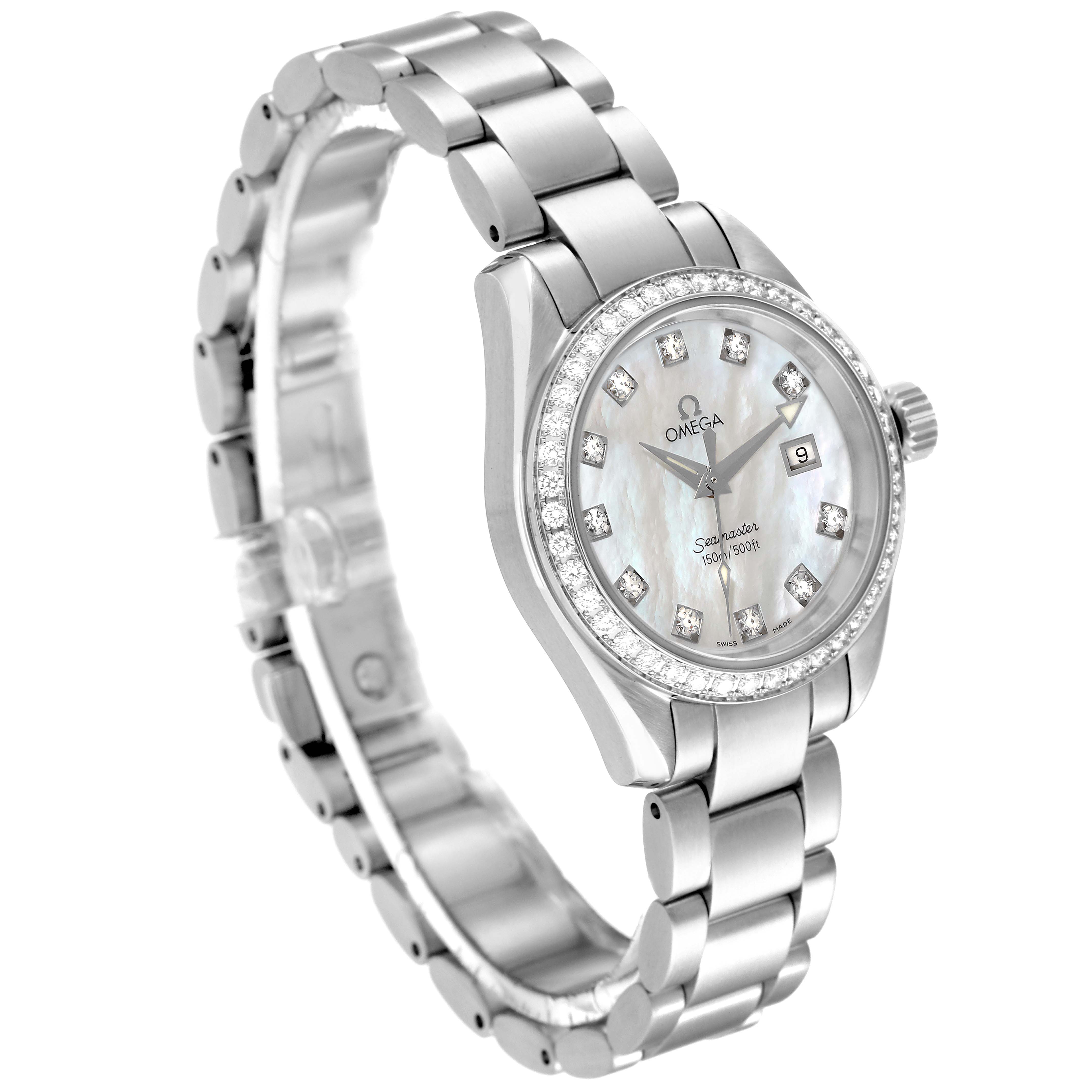 The image shows a side angle view of the Omega 2579.75.00 Women's Stainless Steel Mother of Pearl Dial 2579.75.00 Women's Stainless Steel Mother of Pearl Dial Seamaster Aqua Terra Mother of Pearl Diamond Steel Ladies Watch 2579.75.00.