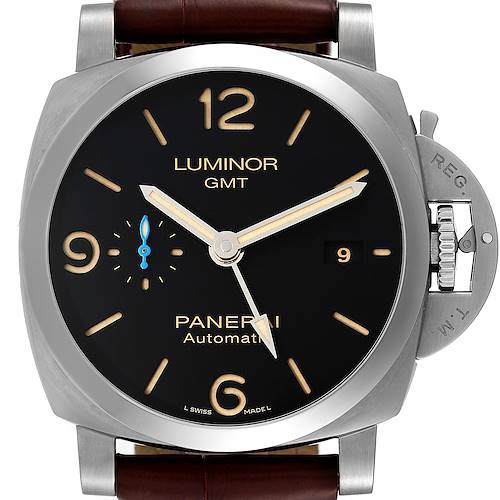 This image shows a frontal view of a Panerai Luminor PAM01320 Men's Stainless Steel Blue Dial PAM01320 Men's Stainless Steel Blue Dial GMT watch, highlighting the dial, hands, indices, and date window.