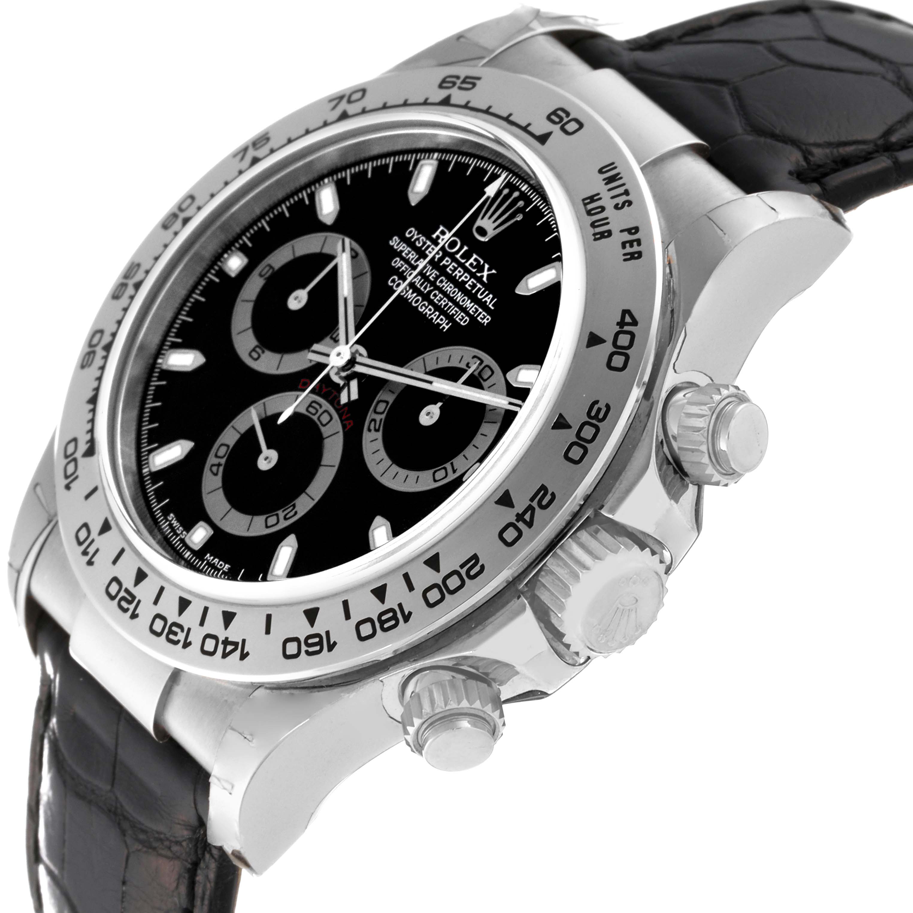 This image shows a Rolex Daytona 116519 Men's White Gold Black Dial 116519 Men's White Gold Black Dial watch at an angled side view, highlighting the crown, chronograph pushers, bezel, and black dial.