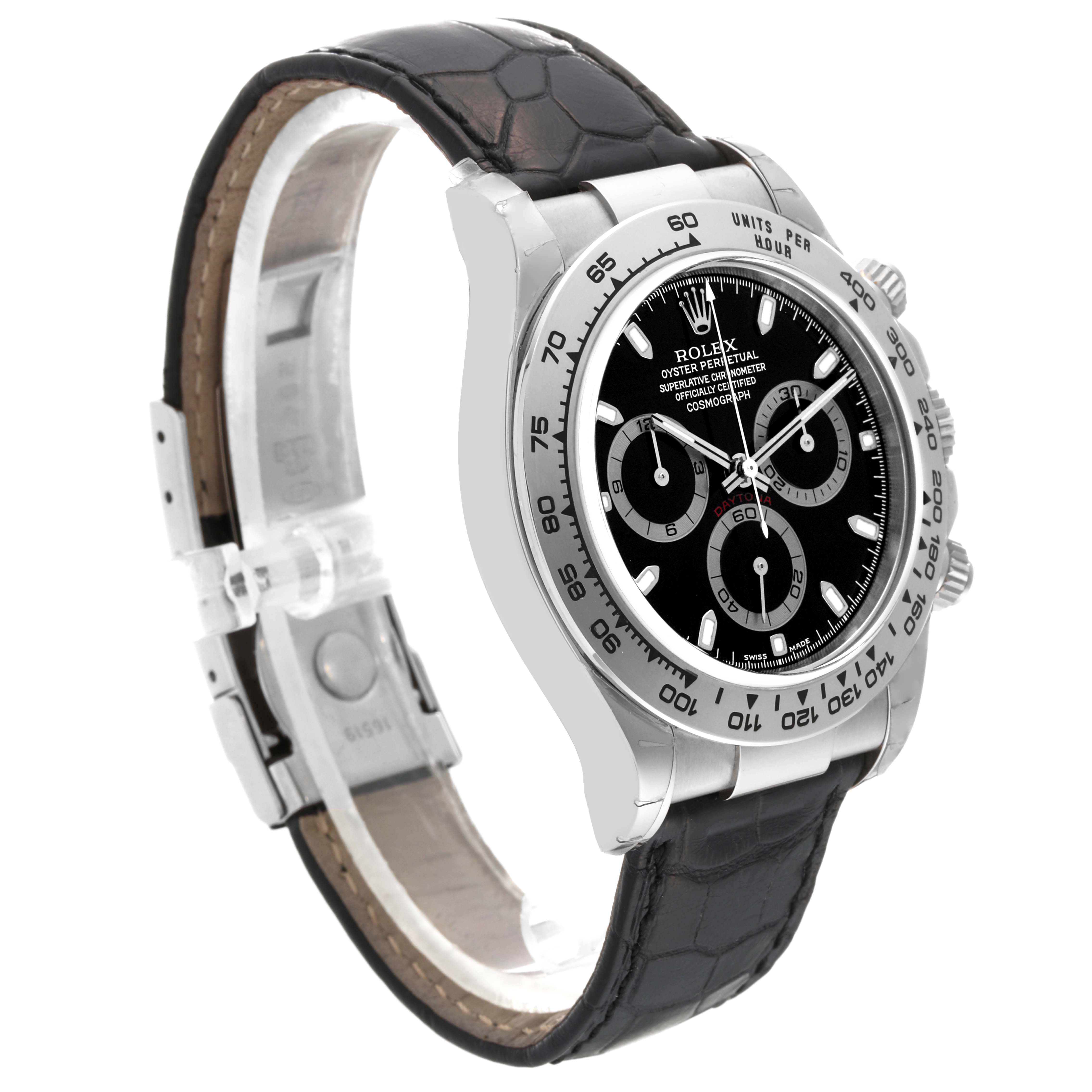 The image shows a side view of the Rolex Daytona 116519 Men's White Gold Black Dial 116519 Men's White Gold Black Dial watch with its bezel, crown, pushers, and leather strap clearly visible.
