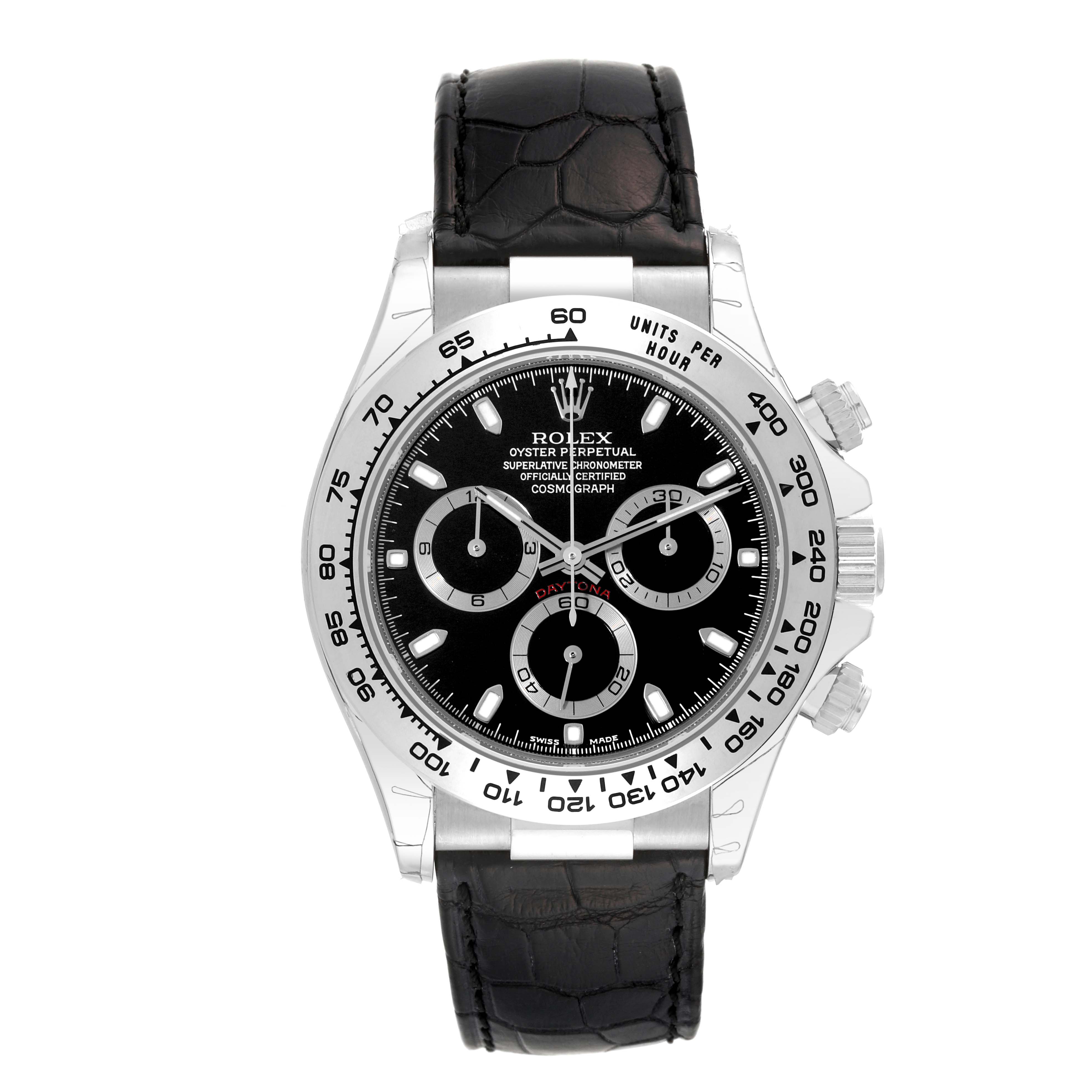 This image shows the front view of the Rolex Daytona 116519 Men's White Gold Black Dial 116519 Men's White Gold Black Dial watch, featuring a black dial, three subdials, and a leather strap.