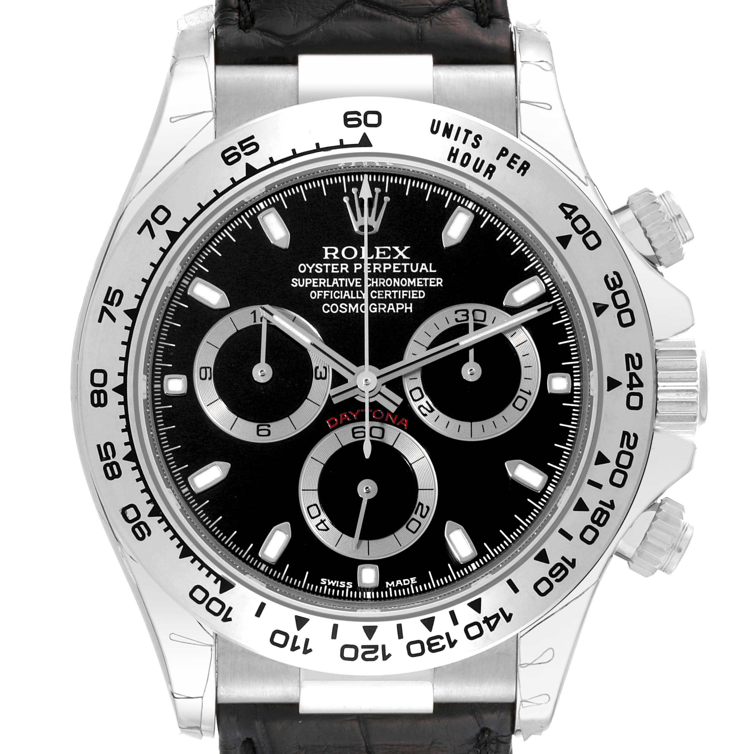 The image shows a front view of a Rolex Daytona 116519 Men's White Gold Black Dial 116519 Men's White Gold Black Dial watch, displaying the dial, bezel, and part of the strap.