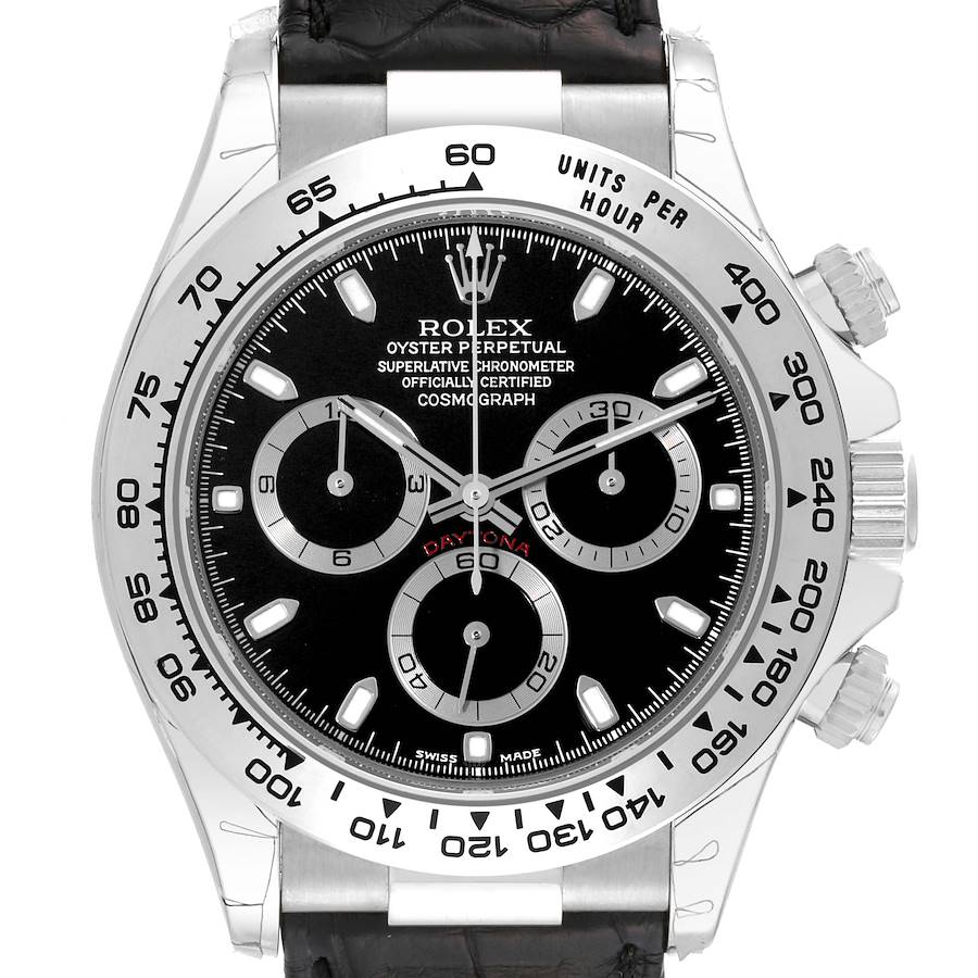The image shows a front view of a Rolex Daytona 116519 Men's White Gold Black Dial 116519 Men's White Gold Black Dial watch, displaying the dial, bezel, and part of the strap.