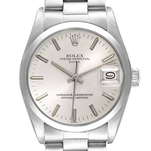 This image shows a front view of the Rolex Vintage Collection 15000 Men's Stainless Steel Silver Dial 15000 Men's Stainless Steel Silver Dial's Oyster Perpetual Date model, highlighting its dial, bezel, and bracelet.