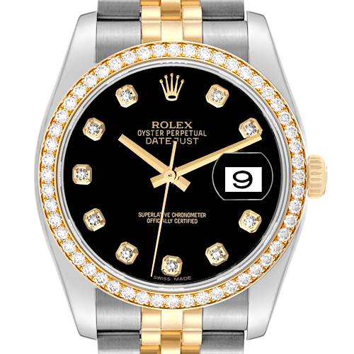 The image shows a front view of a Rolex Datejust 116243 Men's Steel and Gold (two tone) Black Dial 116243 Men's Steel and Gold (two tone) Black Dial watch, highlighting its diamond-studded bezel, black dial, and two-tone bracelet.