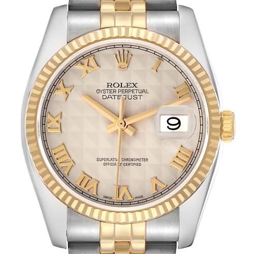 The image shows a front view of the Rolex Datejust model 116233, highlighting the dial, Roman numerals, fluted bezel, and part of the two-tone bracelet.