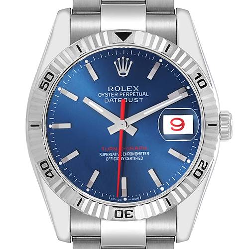 The Rolex Turn-o-Graph model 116264 is shown from a front angle, highlighting the blue dial, fluted bezel, red second hand, and date window.