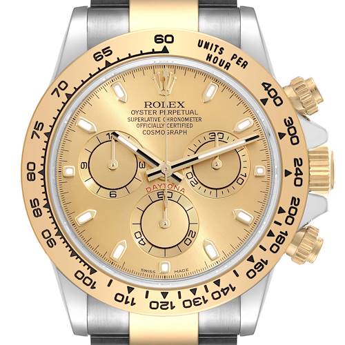 This image shows a front angle of a Rolex Daytona 116503 Men's Steel and Gold (two tone) Champagne Dial 116503 Men's Steel and Gold (two tone) Champagne Dial watch, highlighting the face, bezel, chronograph subdials, and crown.